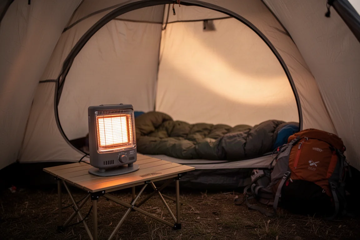 Piccola tenda a cupola illuminata da luce calda in un campeggio freddo e nebbioso al crepuscolo