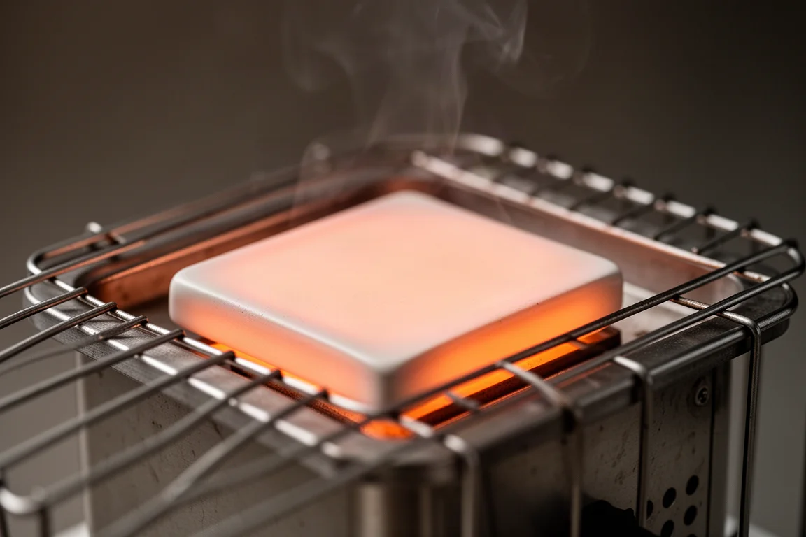 Primo piano di una piastra riscaldante in ceramica che brilla arancione all'interno di un alloggiamento scuro