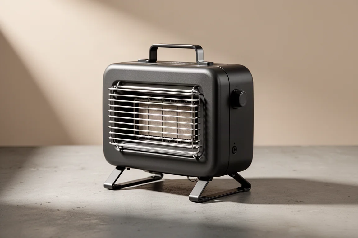 Compact butane camping heater with front grill and carry handle on concrete