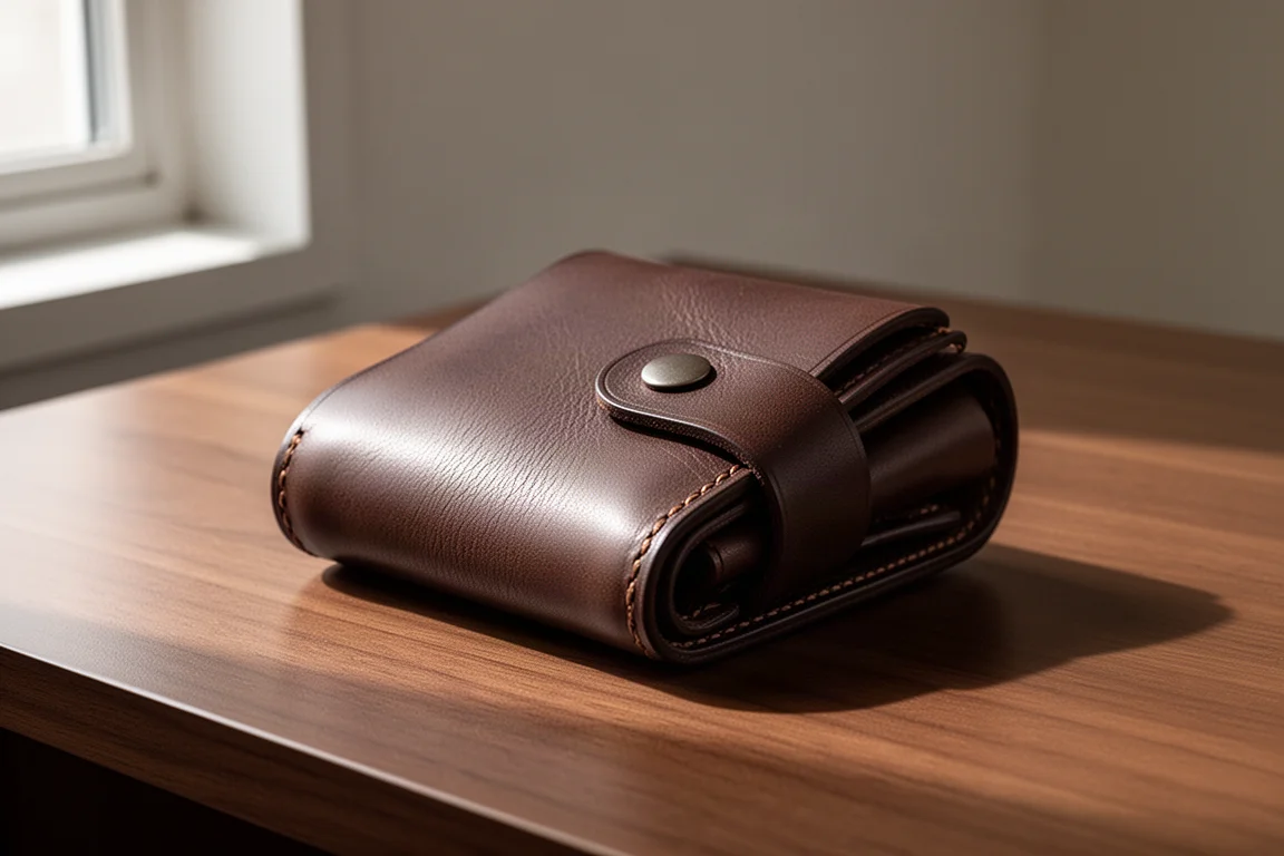 Dark brown roll-up leather wallet snapped shut on a brushed wood desk