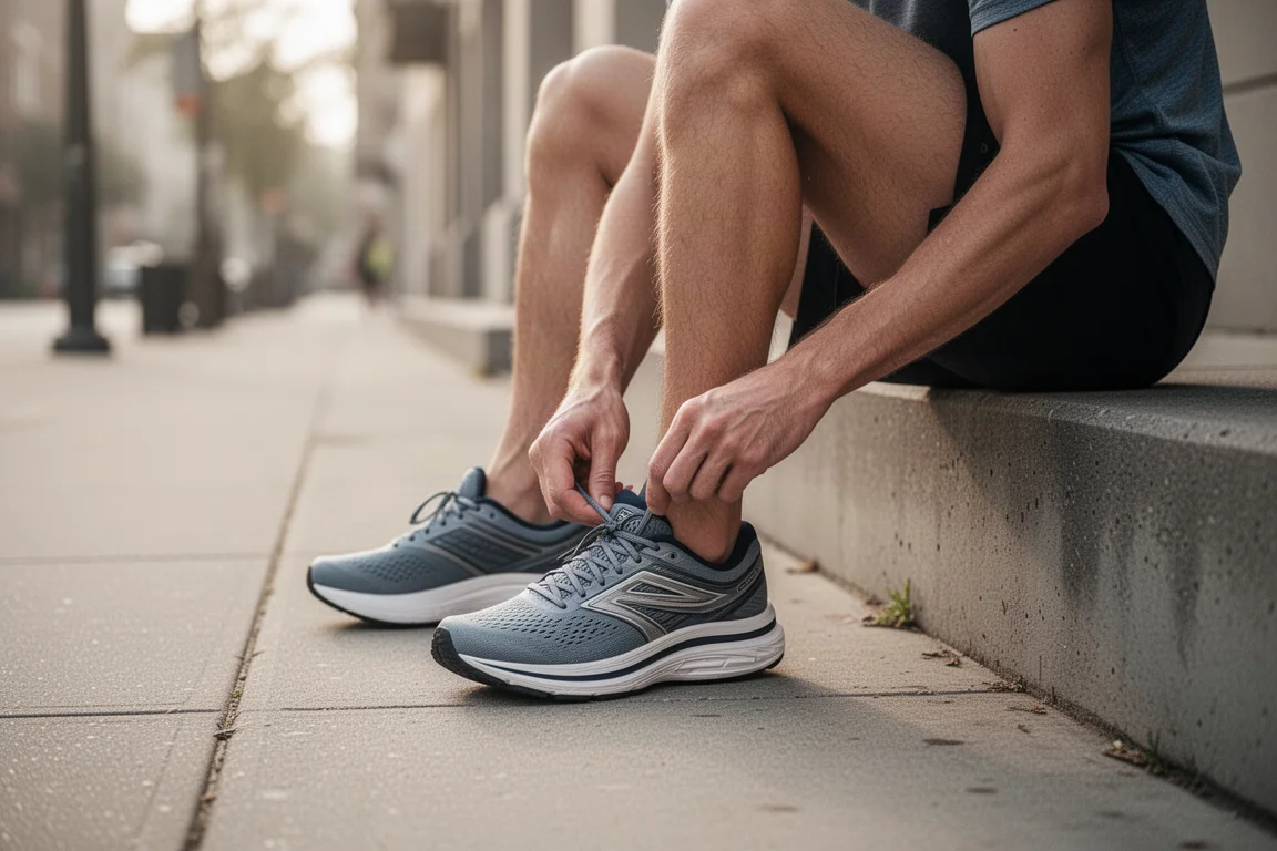 Läufer schnürt vor einem lockeren Straßenlauf einen hoch gestapelten gedämpften Laufschuh