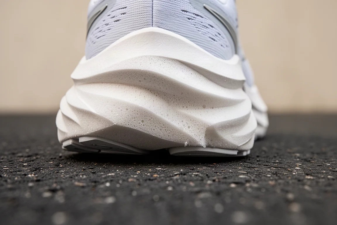 Nahaufnahme einer dicken geformten Mittelsohle, die unter Belastung auf Asphalt komprimiert