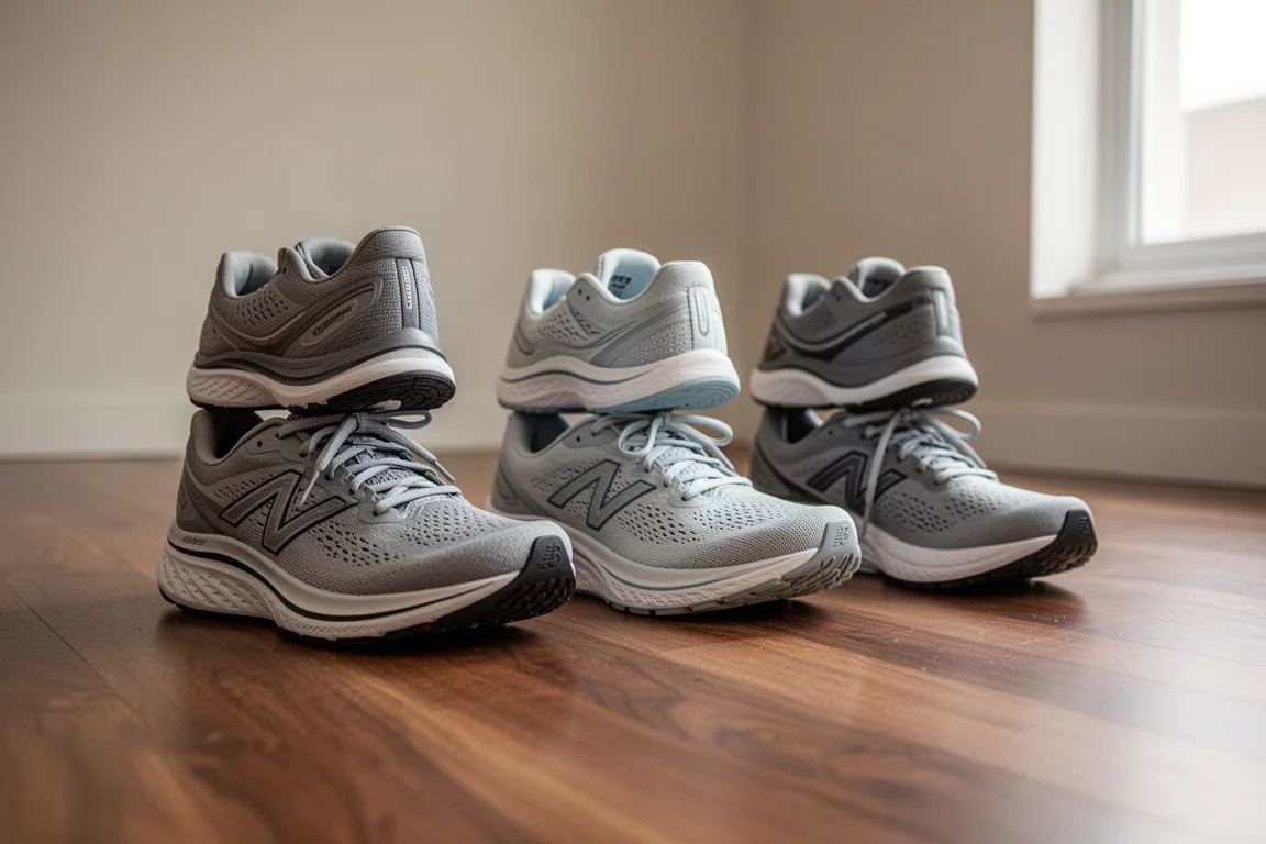 Drei Paar Laufschuhe für einen Vergleich nebeneinander auf einem Holzboden