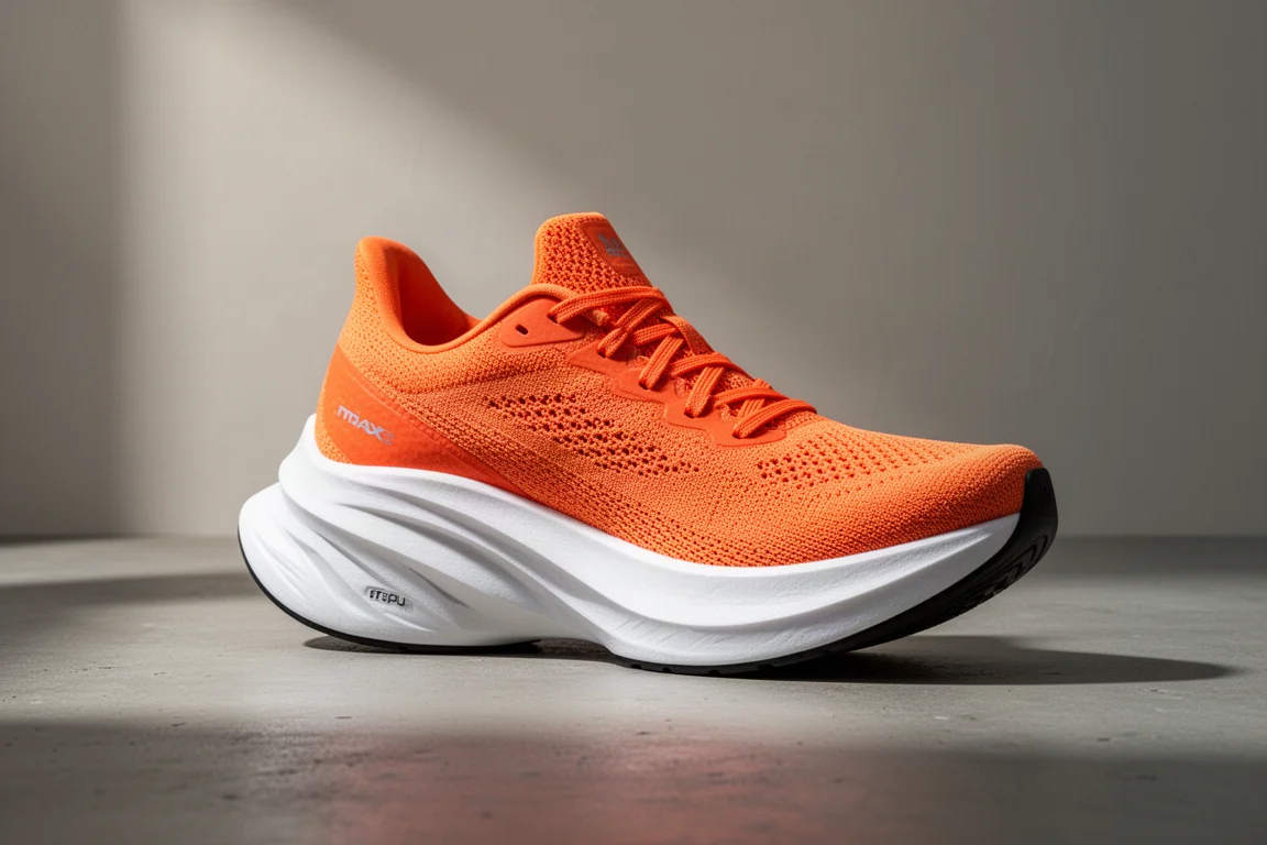 Bright orange max cushion running shoe with tall white foam midsole on concrete