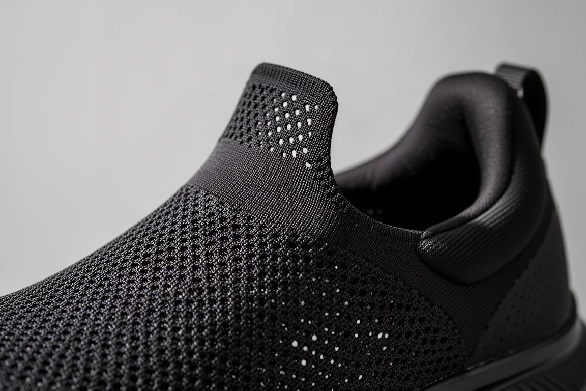 Close-up of the thin breathable mesh upper and lace area of a black racing shoe