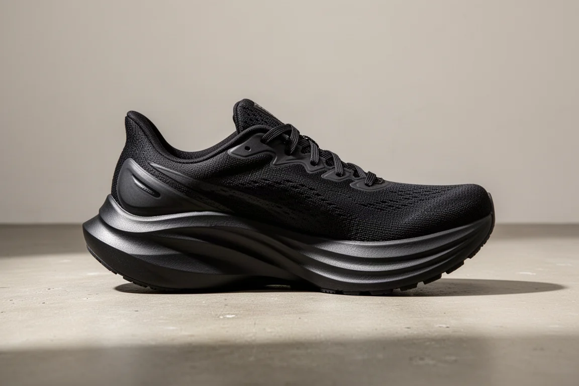 Side profile of a running shoe midsole with sculpted toe spring rocker geometry