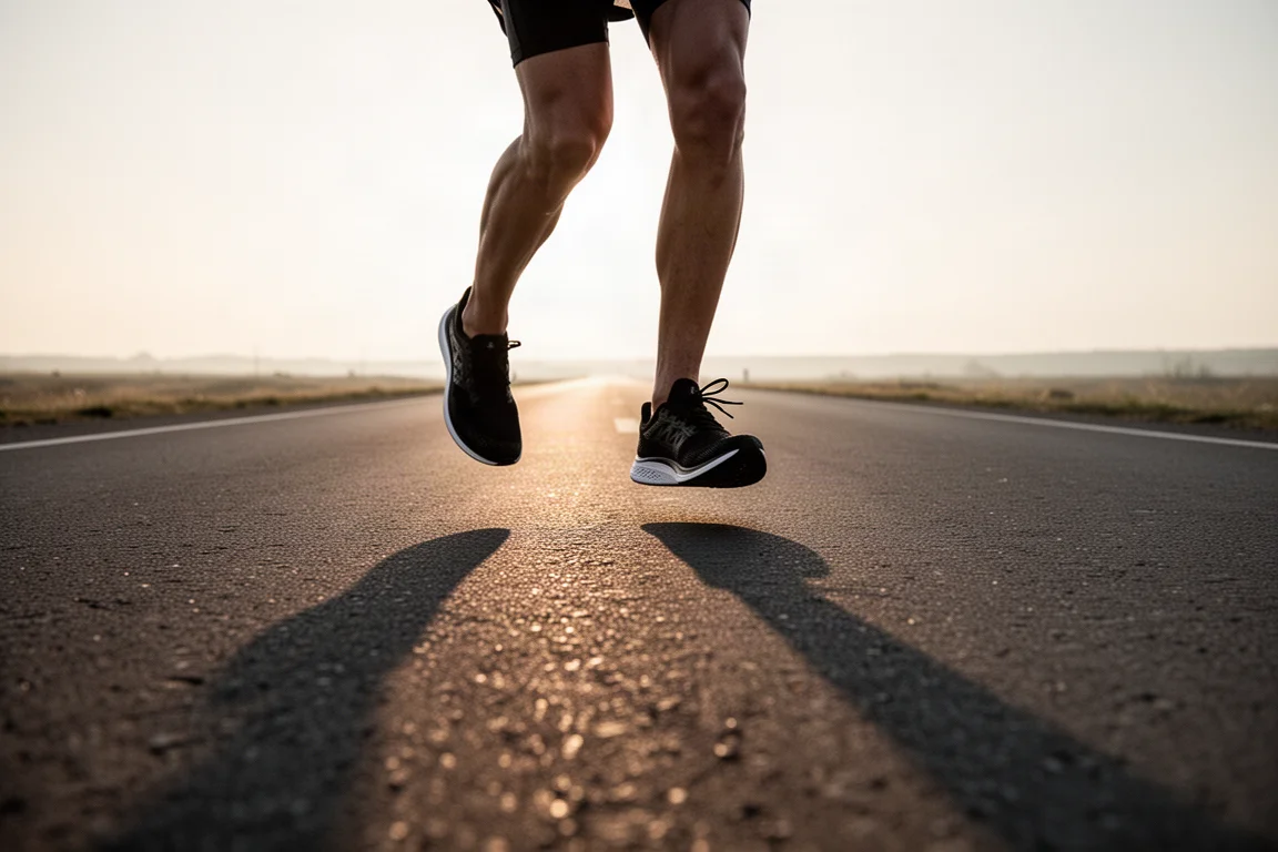 Runner's feet striding on an open road at sunrise, wearing black racing shoes