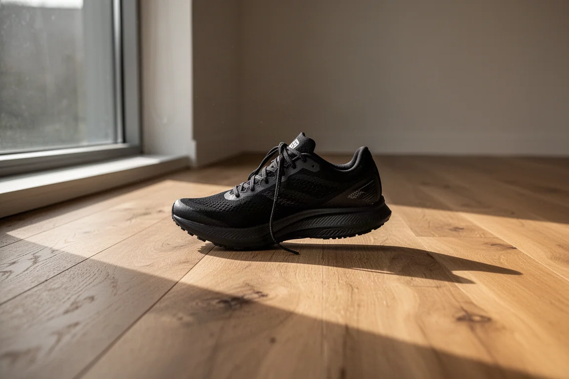 Single black racing shoe resting alone on a wooden floor after a run
