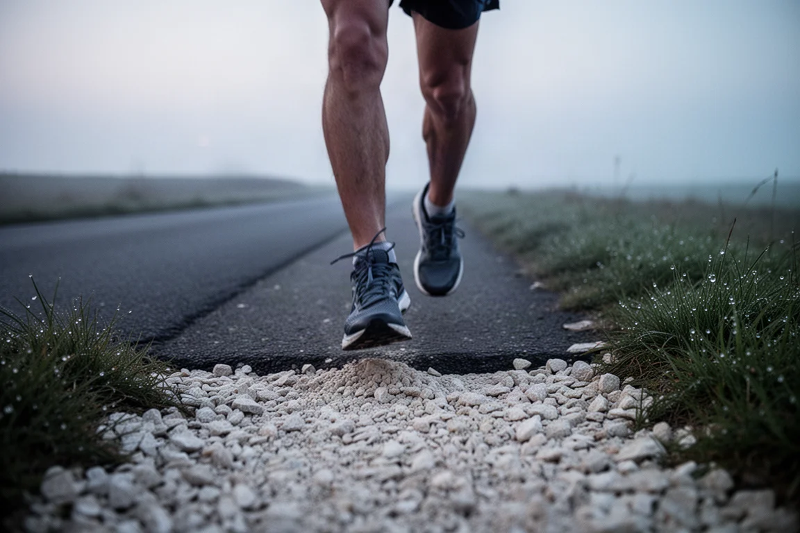 Un runner che passa da una strada asfaltata a un sentiero di ghiaia leggera