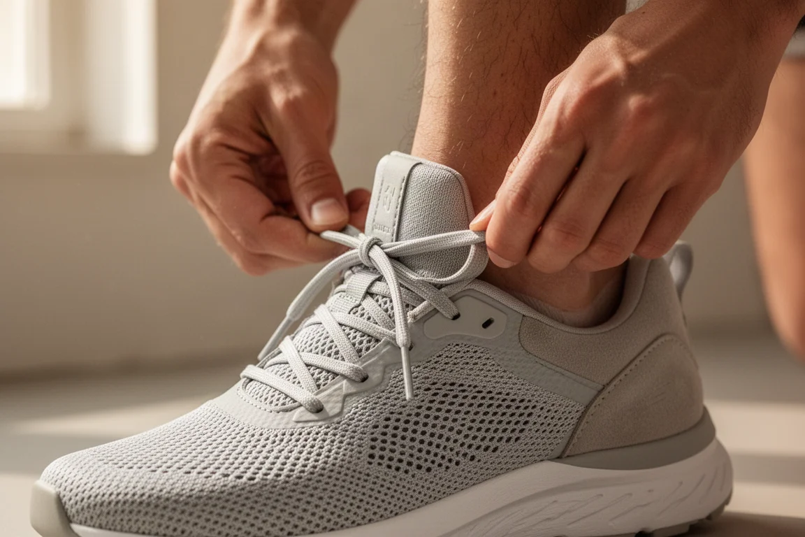 Dettaglio del colletto del tallone di una scarpa da running con fodera simile a camoscio