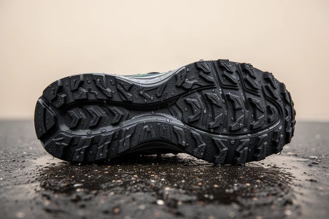 Trailschuh auf steinigem Anstiegsgelände während eines Workouts