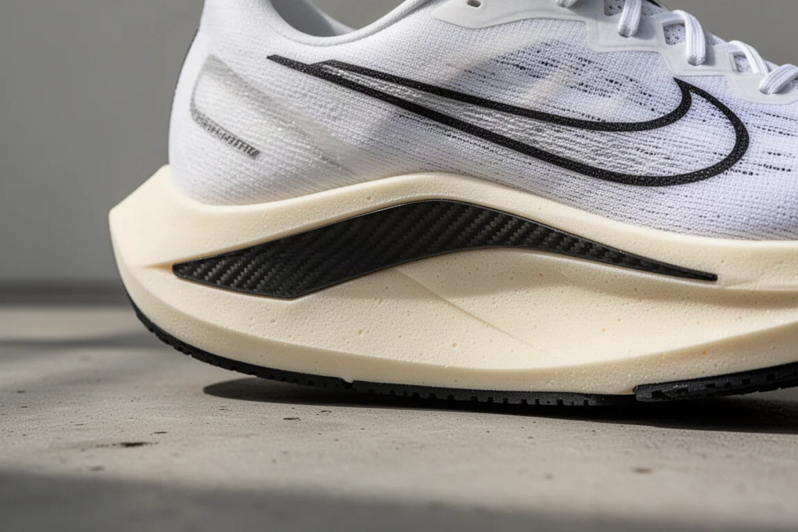 Detalle de la mediasuela de una zapatilla de competición y de su placa de carbono sobre fondo neutro