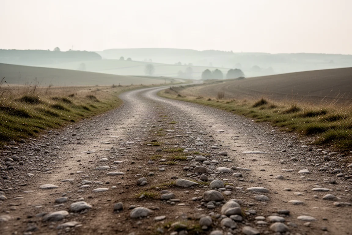 Grindpad dat kronkelt door glooiend landschap in zacht ochtendlicht