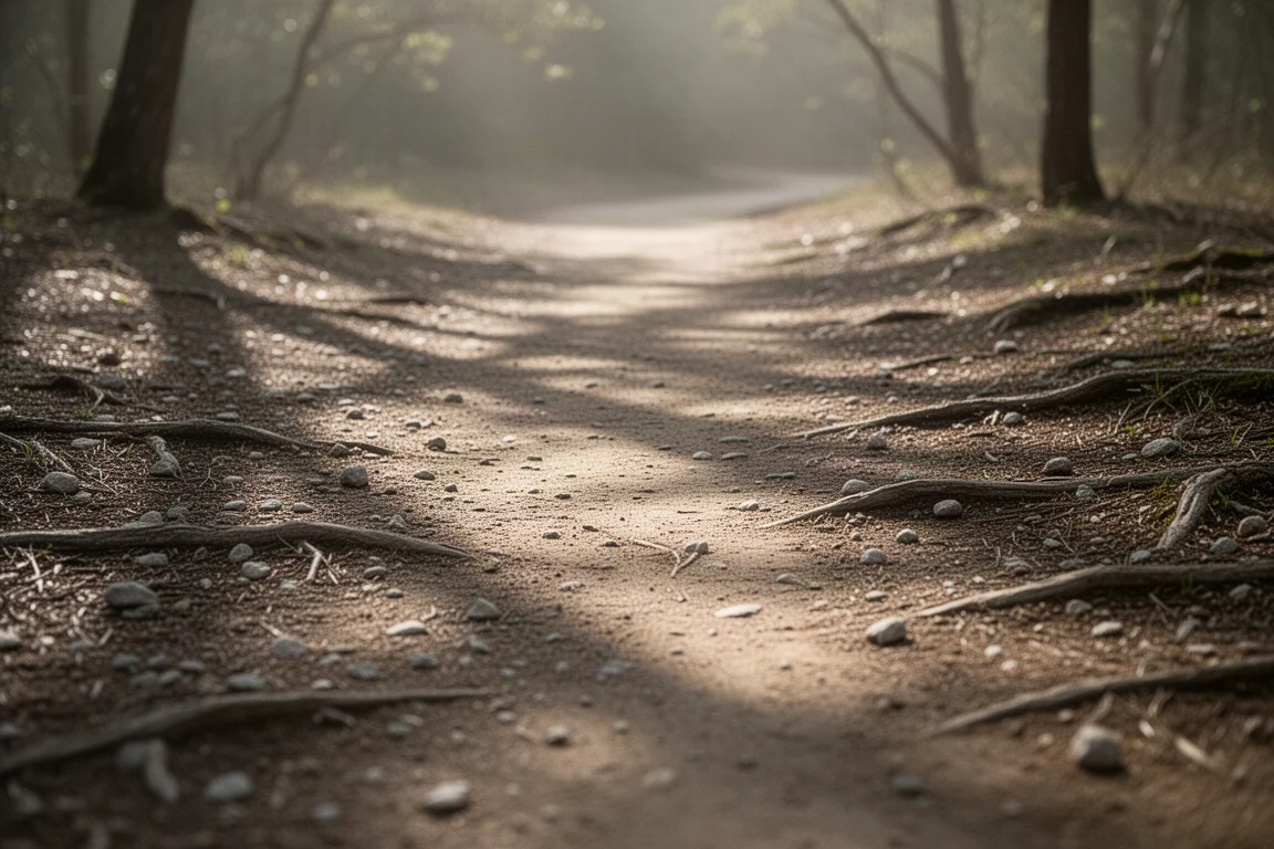 Perspectief van een hardloper op een lichte trail met aarde en verspreid grind