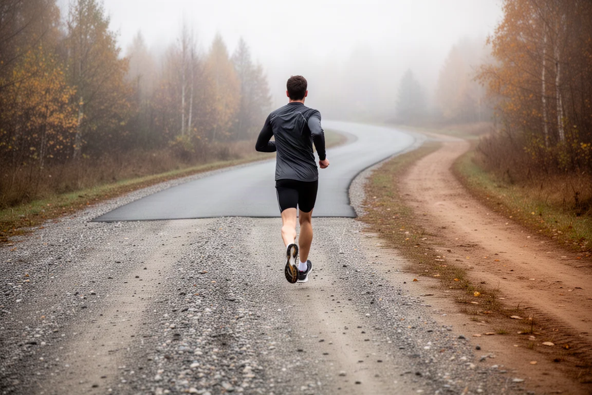 Runner transitioning from a gravel road onto a dirt trail in soft autumn light