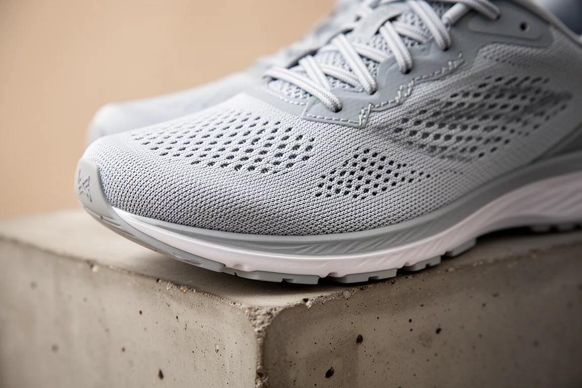Close-up of an engineered mesh running shoe upper showing breathable woven texture