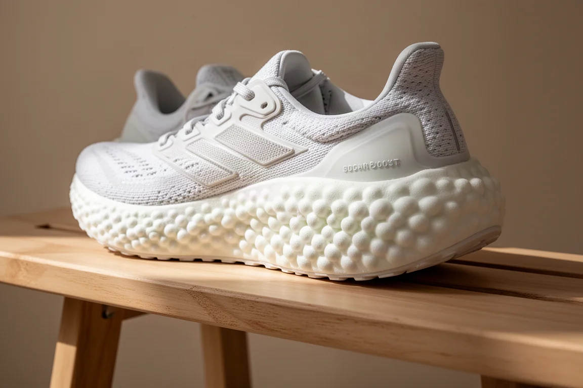 Plush running shoe midsole foam being pressed to show cushioning depth