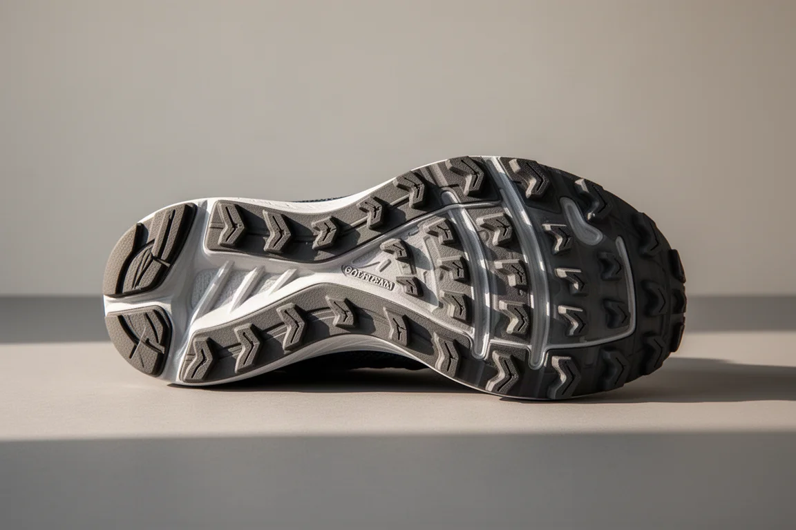 Outsole lug pattern of a gravel running shoe photographed in raking light