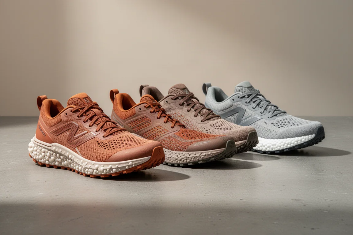 Vier Gravel-Laufschuhe auf einer matten Betonoberfläche arrangiert