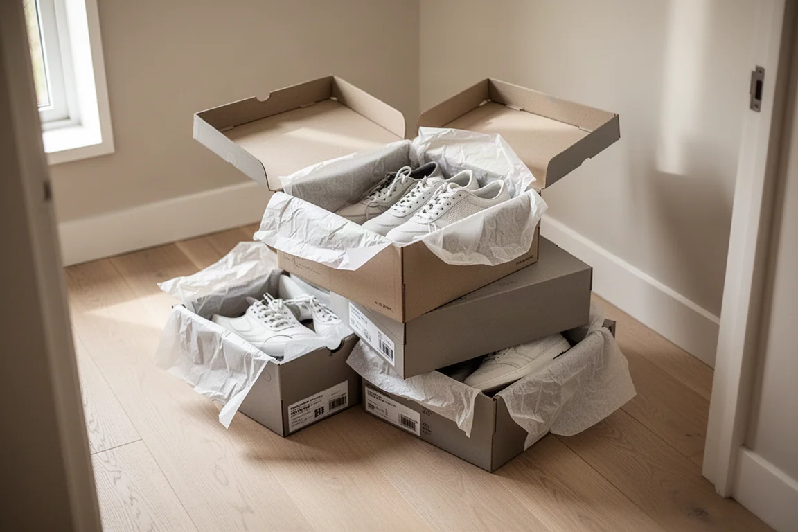 Nieuwe hardloopschoenen nog in hun verzenddozen op een houten vloer