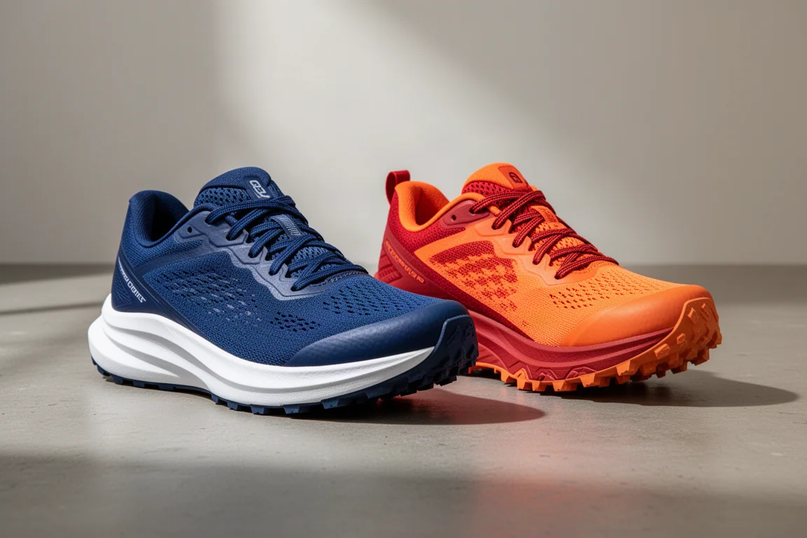 A blue road running shoe and an orange trail running shoe side by side on concrete