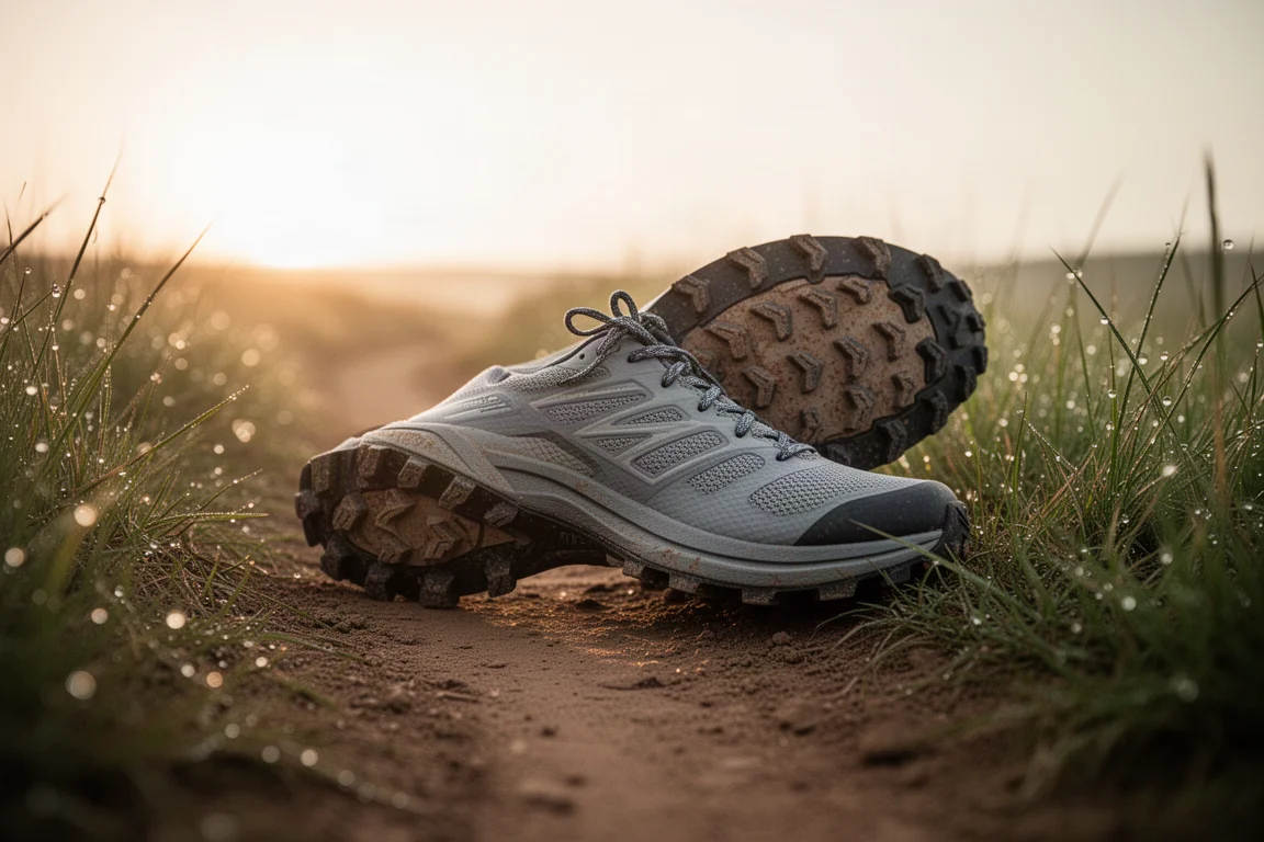 Zapatilla de trail running en un sendero de tierra con una luz suave de la mañana