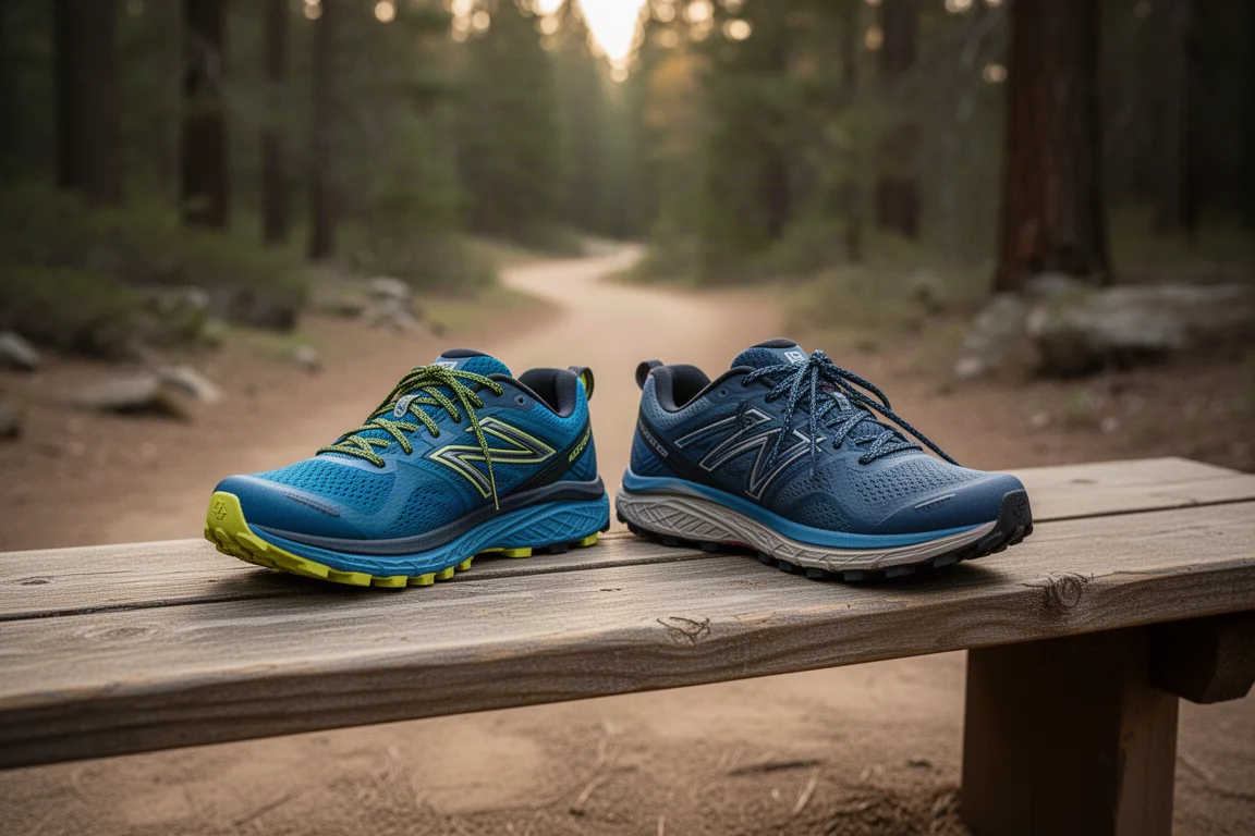 Dos zapatillas de trail apoyadas en un banco de madera junto al inicio del sendero
