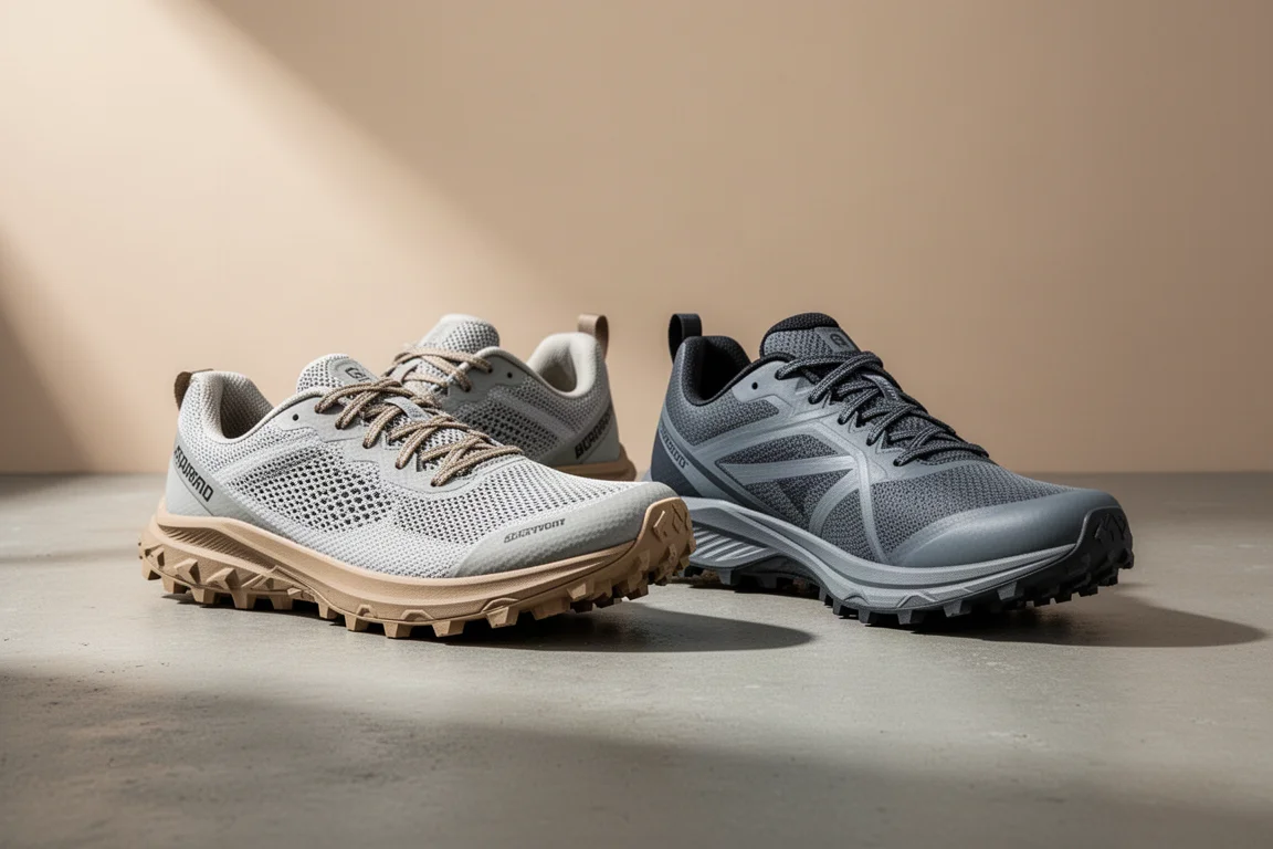 Zwei Trailrunningschuhe nebeneinander auf einer Betonoberfläche