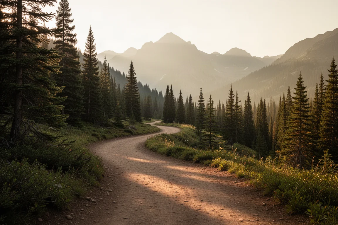 Trilha de terra serpenteando por uma paisagem de montanha arborizada na hora dourada