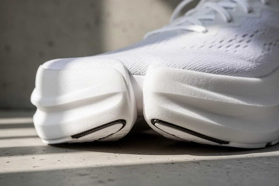 Primo piano di una schiuma midsole spessa e leggera di una scarpa da running premuta