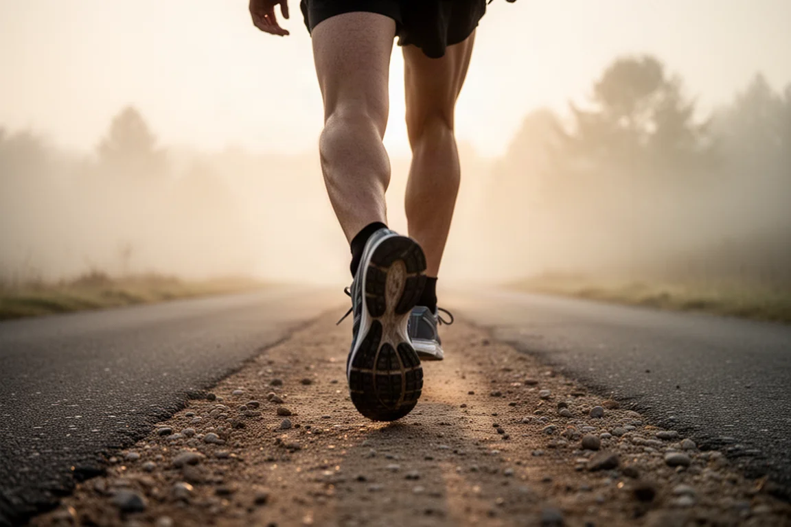 Runner che si allena all'alba su un percorso misto asfalto e sterrato