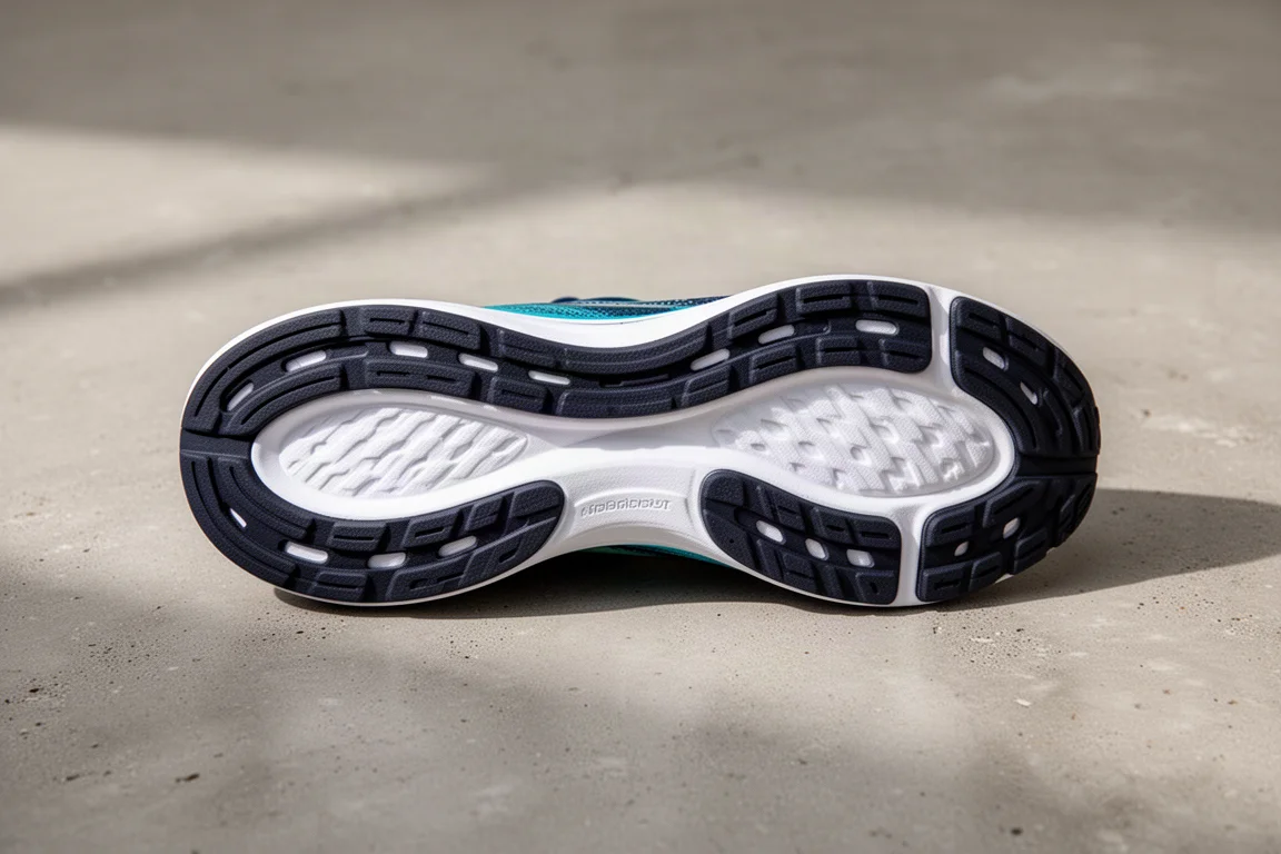 Suola minimale e leggera di una scarpa da running su strada con copertura in gomma visibile