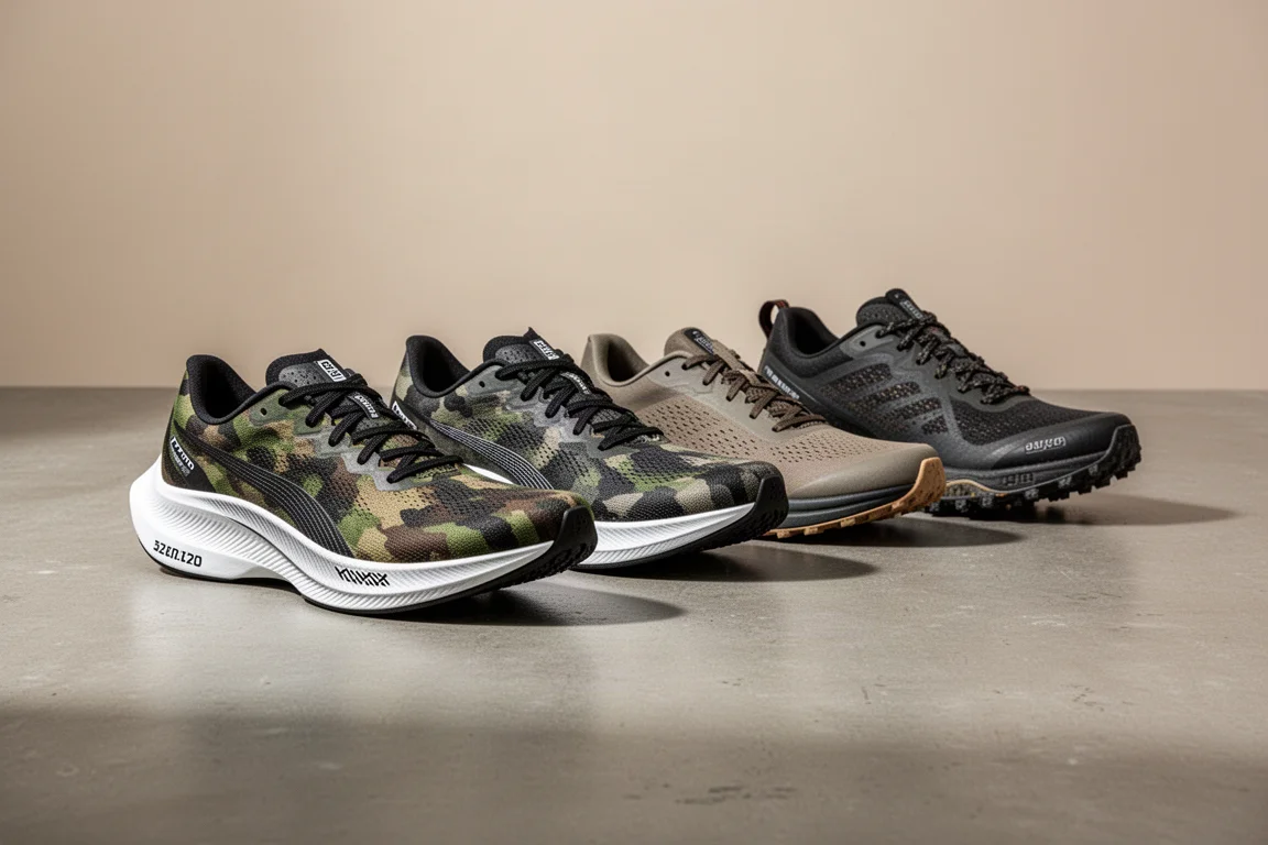 Lineup of five Craft running shoes covering road, ultra, and trail models