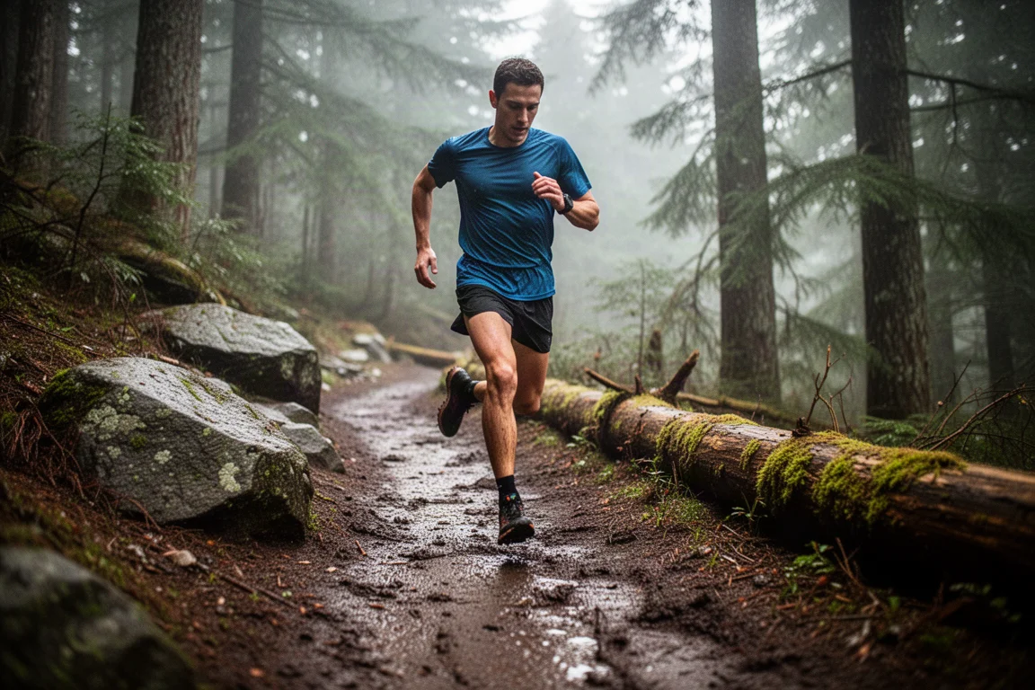 Trailrunner, der einen nassen, steinigen Waldpfad im Pazifischen Nordwest hinabläuft