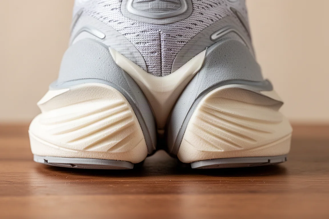 Nahaufnahme einer dualdichten, geteilten Mittelsohle eines Laufschuhs mit hohem Stack
