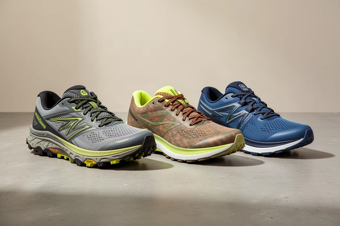 Three Craft running shoes lined up on a concrete surface