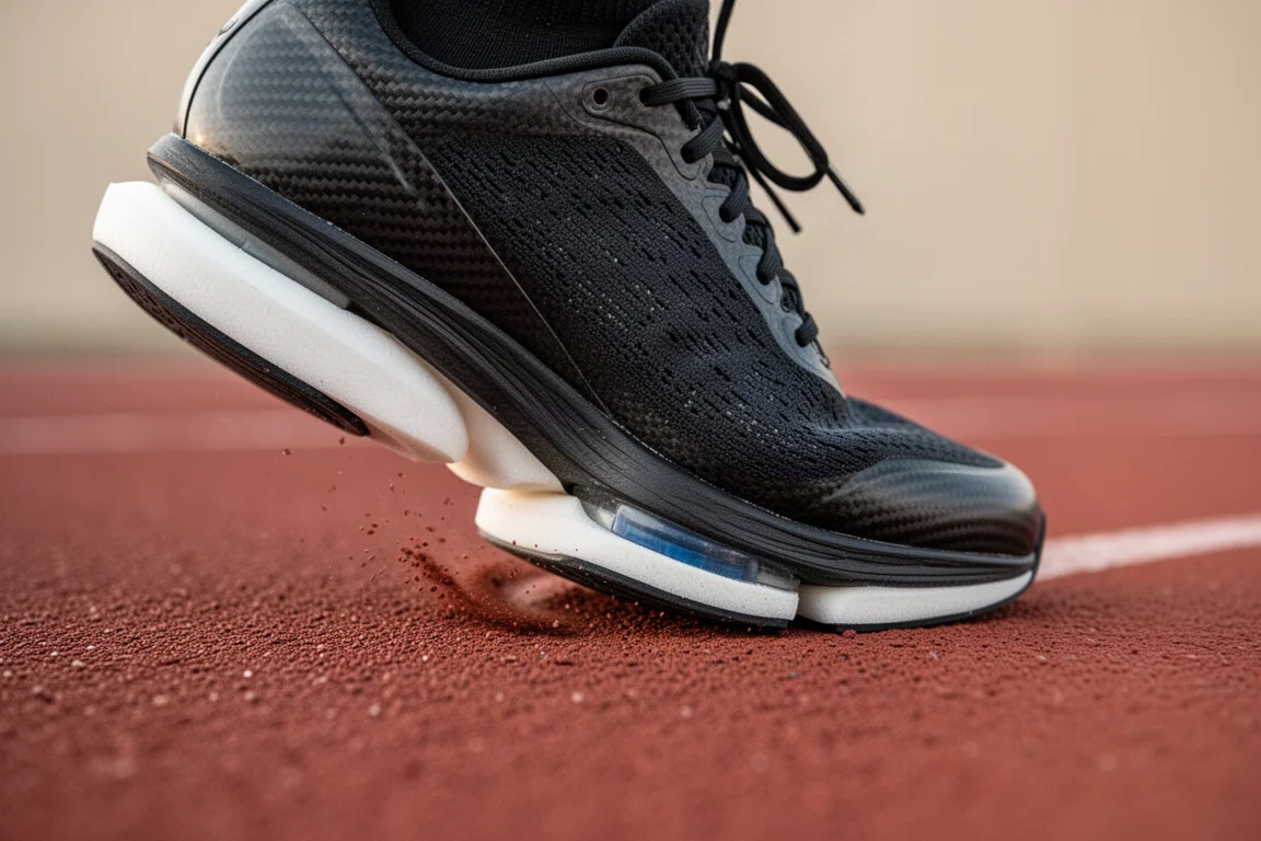 Mediasuela de una zapatilla de competición flexionando bajo el pie en una pista de atletismo