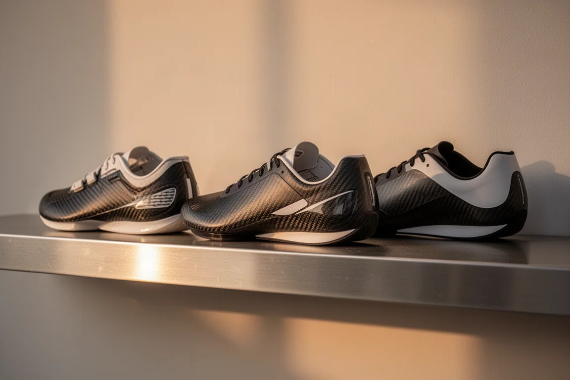 Tres zapatillas de competición lado a lado en un estante de tienda al atardecer