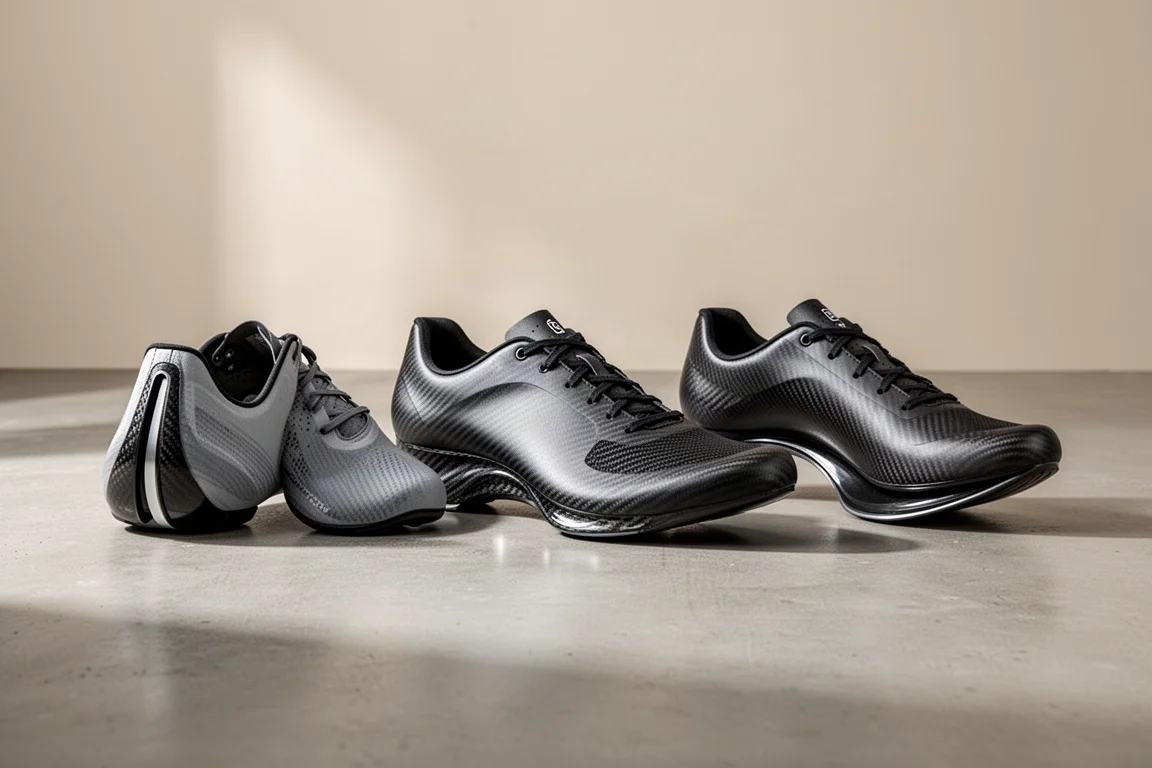 Drei Carbon-Rennschuhe nebeneinander auf einer Betonoberfläche