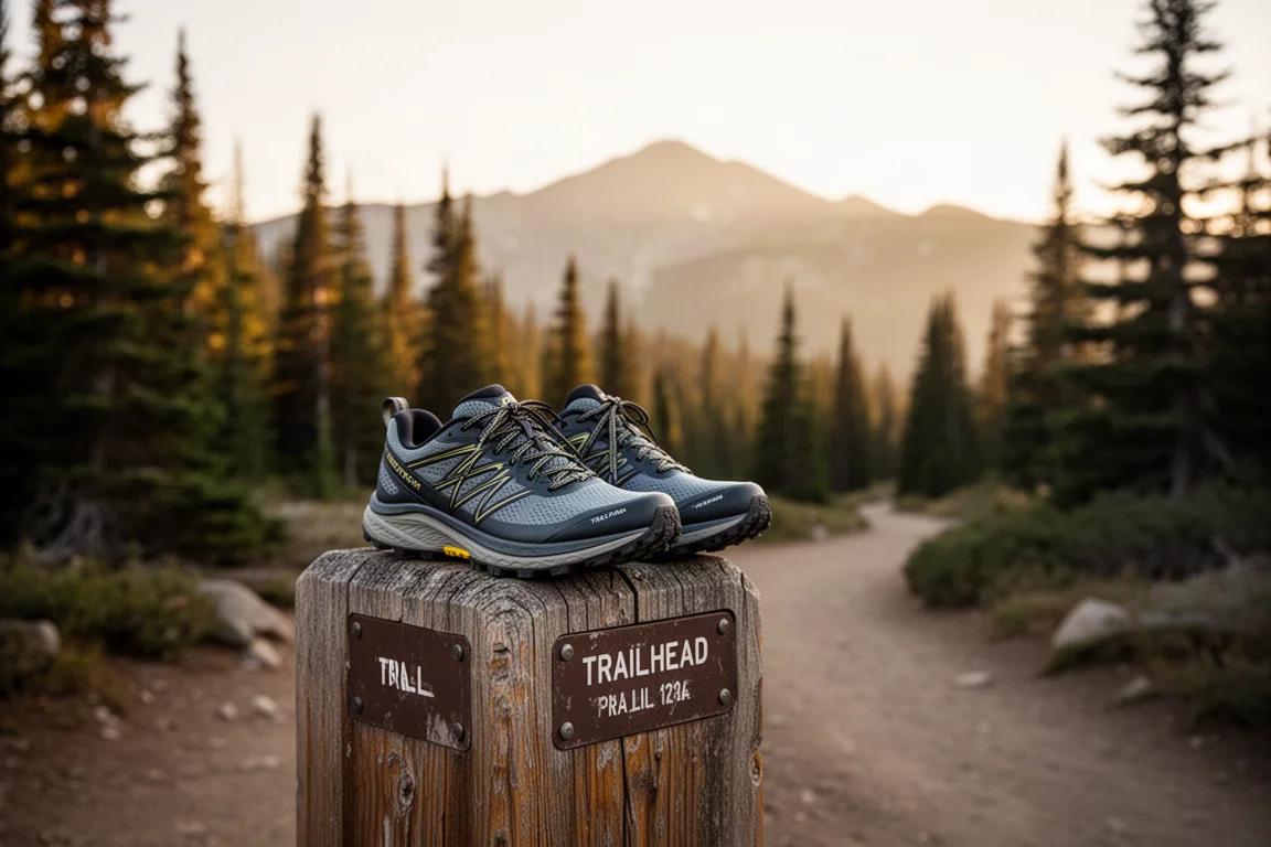 Tênis de trail running ao lado do início de uma trilha na montanha na hora dourada