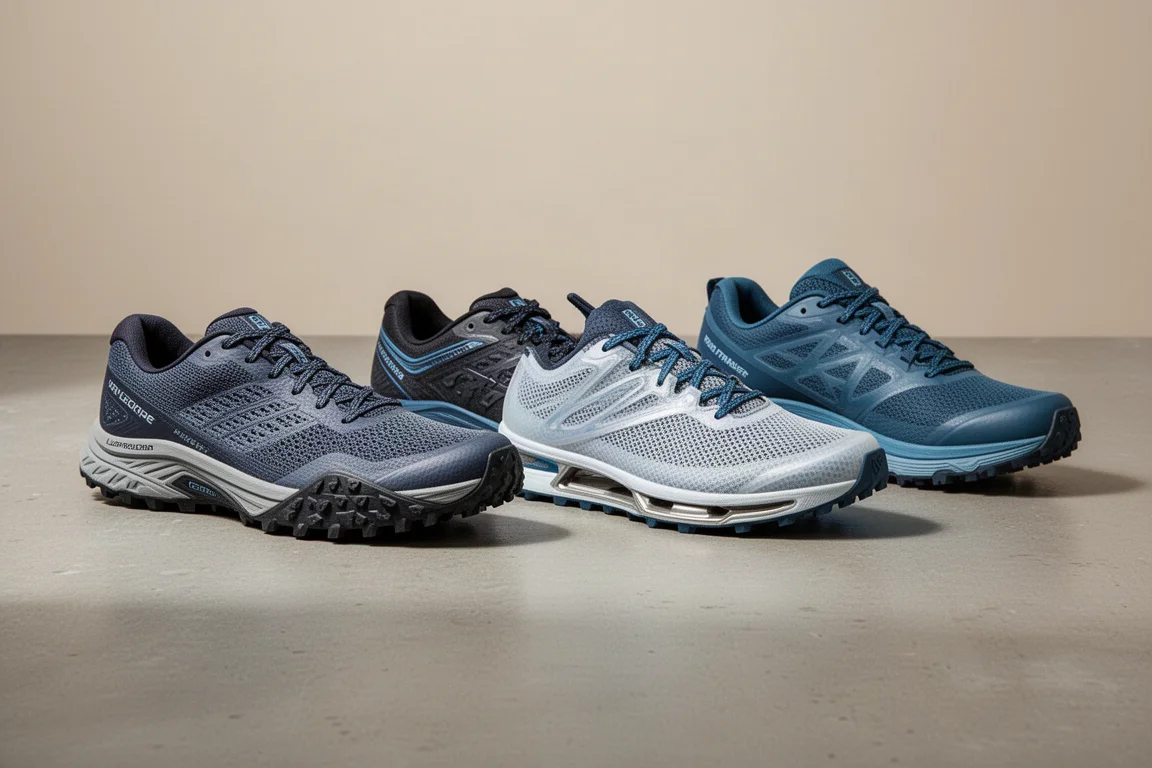 Four Craft running shoes arranged in a row on a concrete surface