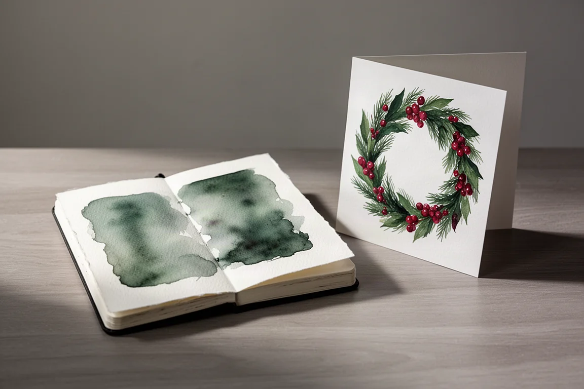 Small watercolor sketchbook with textured paper open on a wooden desk