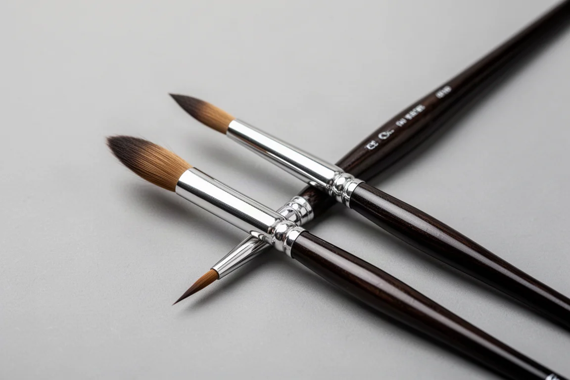 Round watercolor paint brush and small detail brush resting on a neutral surface