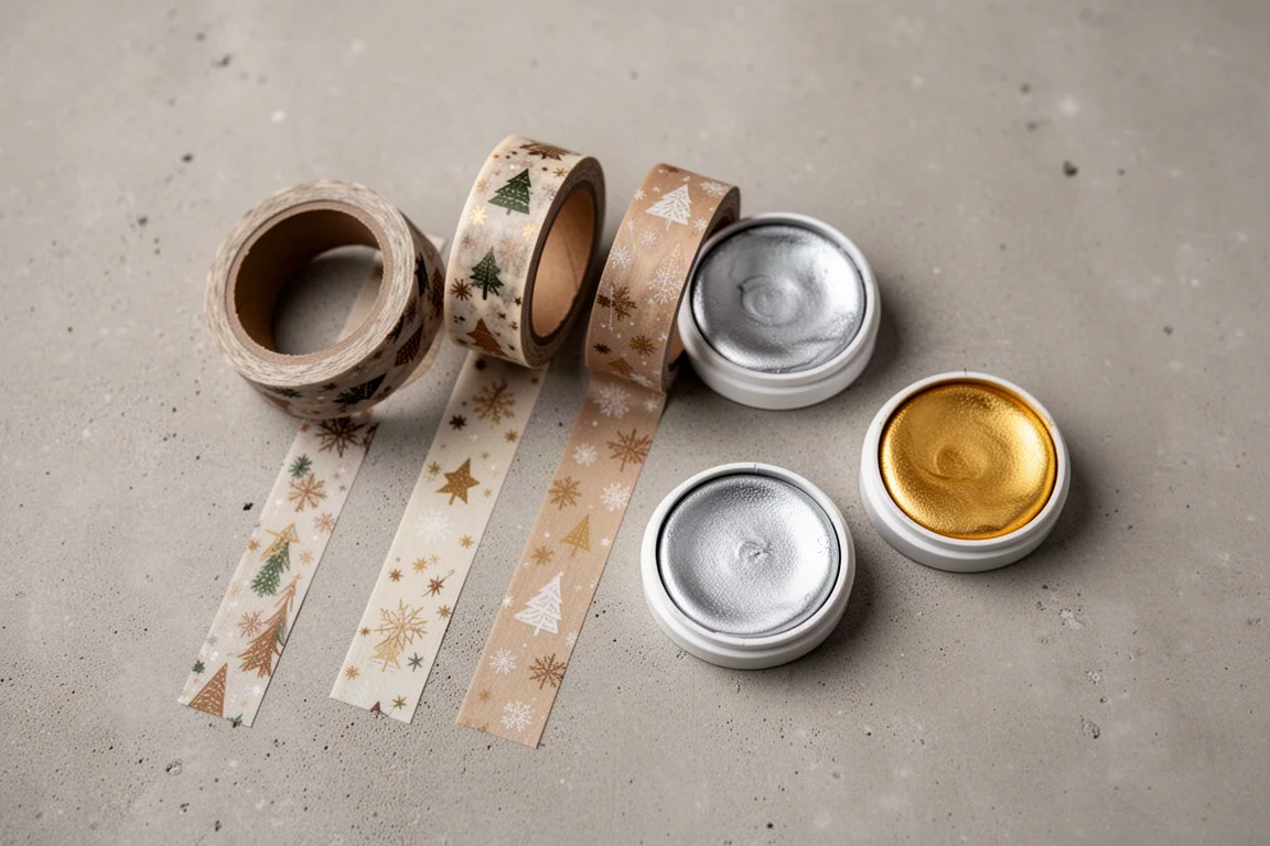 Three rolls of decorative washi tape beside small metallic watercolor pans