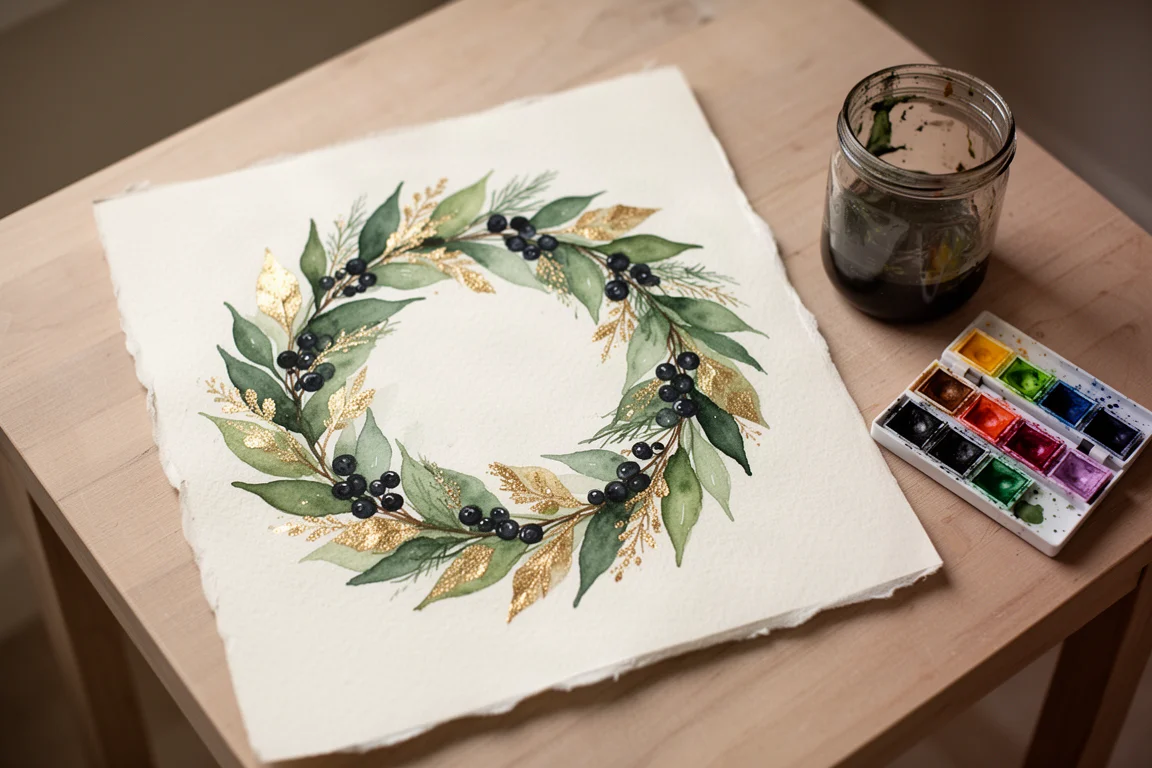 A finished watercolor wreath painting with berries and gold accents on textured paper