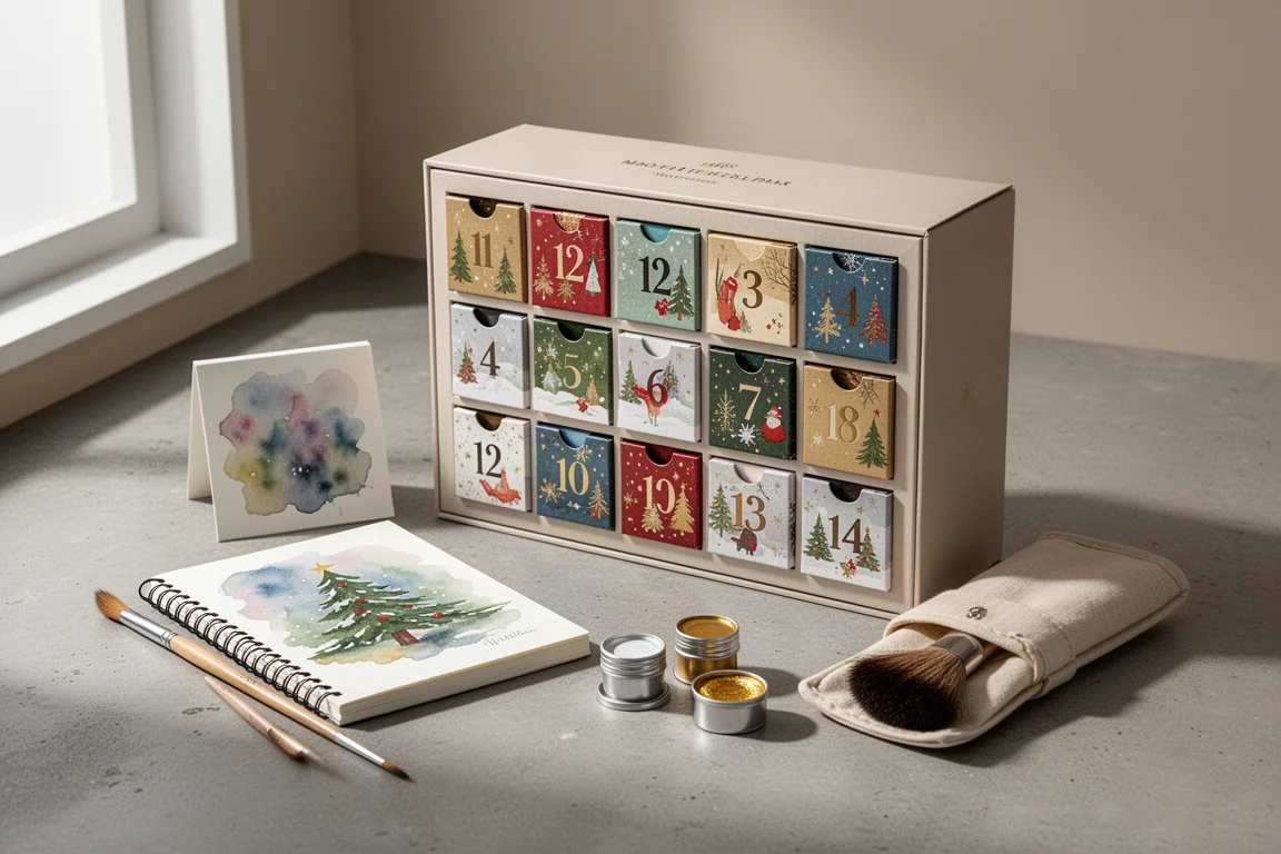 Zwölfboxiger Kunst-Adventskalender mit Aquarell-Skizzenbuch, Pinseln und metallischen Farbnäpfchen auf Beton