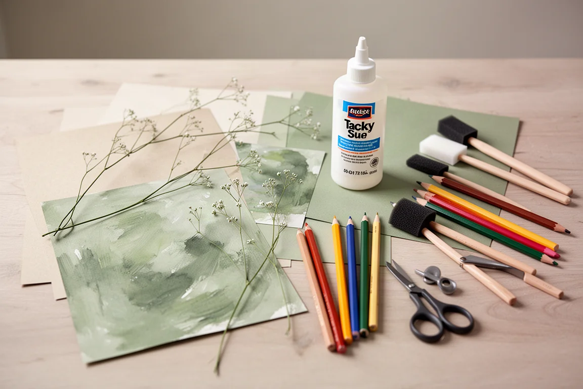 Geöffnetes Craft-Kit mit Papierbögen, Draht, Kleber und Pinseln, ausgelegt auf einem Tisch