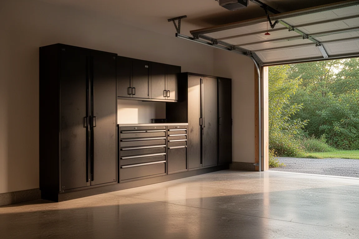 Organized garage with black metal cabinets and clean floor