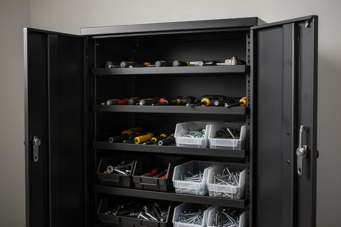 Lockable metal cabinet doors with open shelving inside