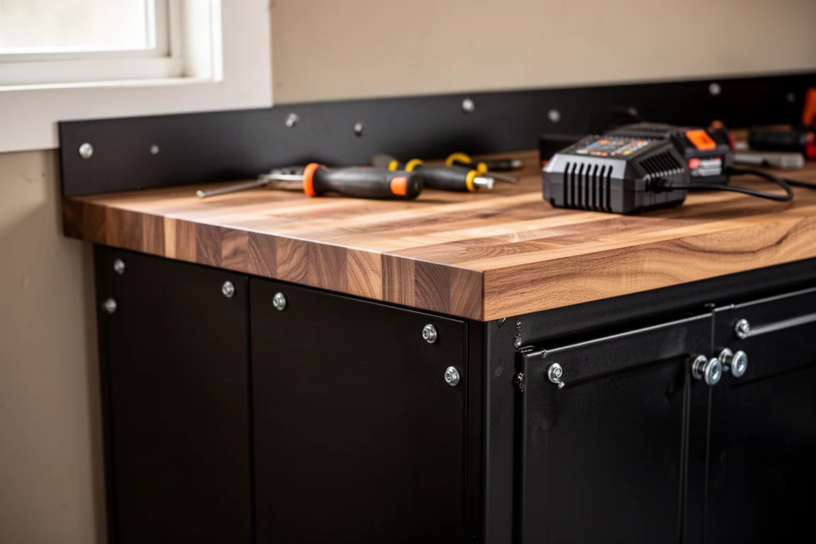 Butcher block worktop on black cabinets with tools laid out